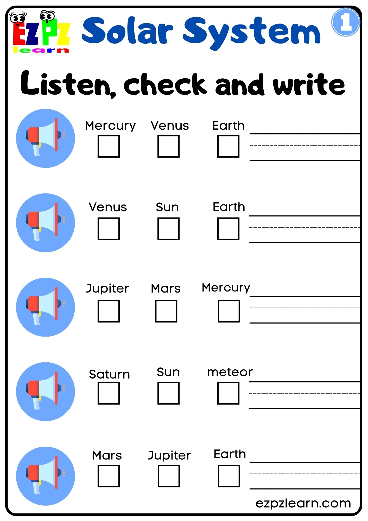 Solar System Vocabulary Interactive Worksheet Listen, Check and Write